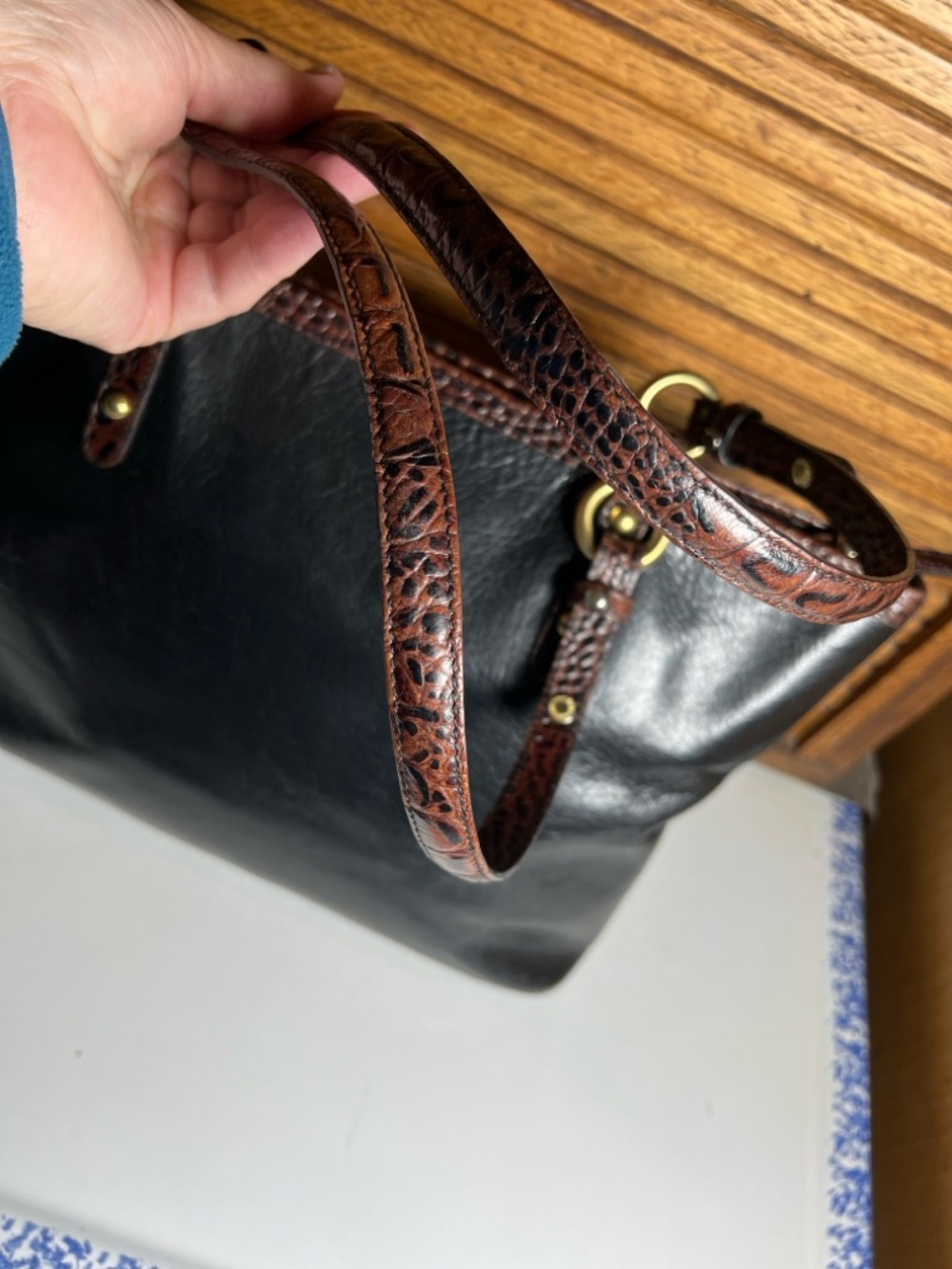 Vintage Brahmin Arno Tote bag, Tuscan collection, black with Pecan croc trim - Picture 9 of 16